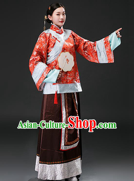 Chinese Ancient Qing Dynasty Nobility Concubine Red Blouse and Brown Skirt Traditional Patrician Mistress Costumes for Women