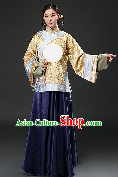 Chinese Ancient Qing Dynasty Patrician Yellow Blouse and Navy Skirt Traditional Nobility Concubine Costumes for Women