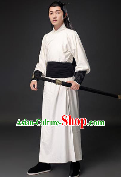 Chinese Ancient Swordsman White Clothing Traditional Three Kingdoms Period Sun Quan Costumes for Men