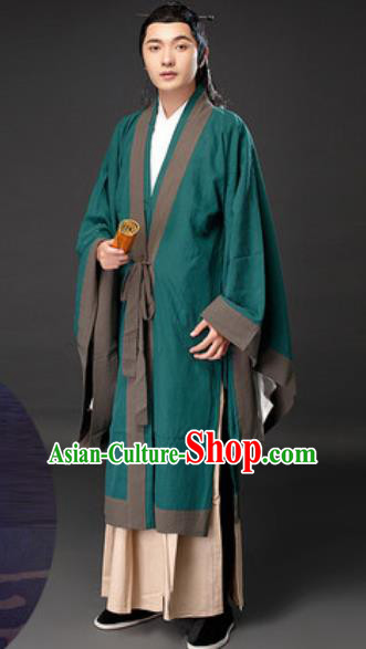 Chinese Ancient Taoist Priest Green Clothing Traditional Tang Dynasty Civilian Scholar Costumes for Men