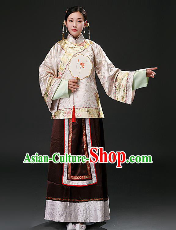 Chinese Ancient Qing Dynasty Nobility Lady Pink Blouse and Brown Skirt Traditional Patrician Mistress Costumes for Women