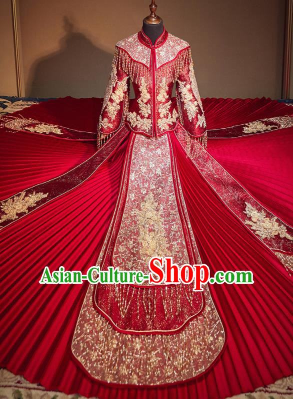 Chinese Traditional Wedding Xiu He Suit Embroidered Red Dress Ancient Bride Costumes for Women