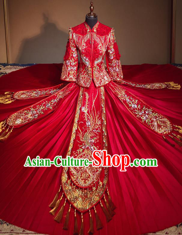 Chinese Traditional Wedding Drilling Phoenix Xiu He Suit Embroidered Red Dress Ancient Bride Costumes for Women