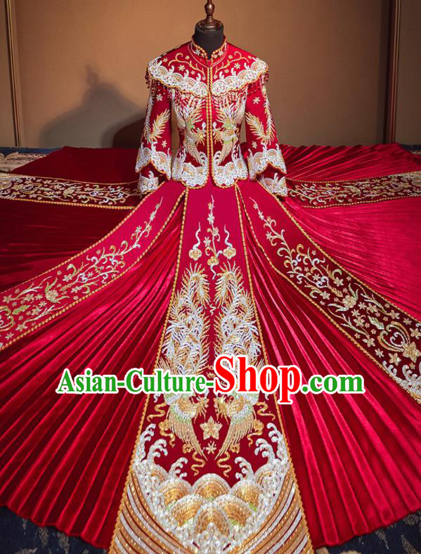 Chinese Traditional Wedding Drilling Xiu He Suit Embroidered Phoenix Red Dress Ancient Bride Costumes for Women