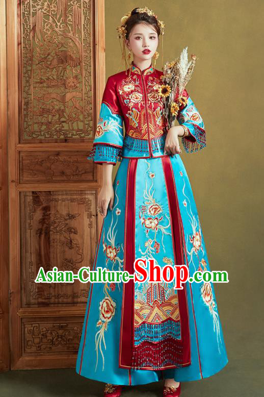 Chinese Traditional Wedding Xiu He Suit Embroidered Blue Dress Ancient Bride Costumes for Women