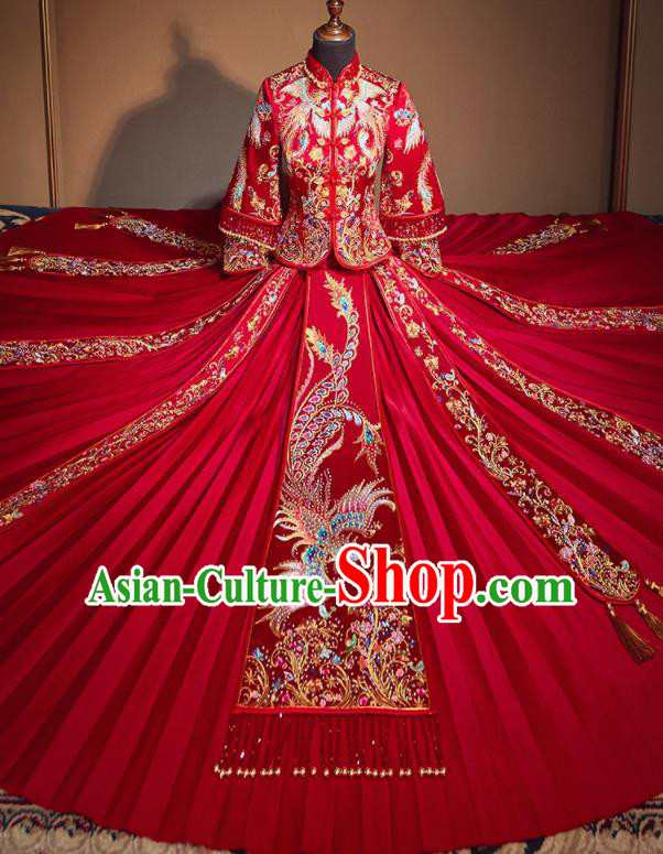 Chinese Traditional Wedding Xiu He Suit Embroidered Phoenix Jacket and Dress Ancient Bride Costumes for Women