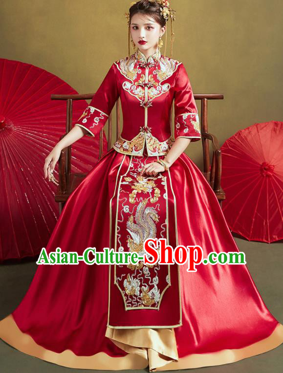 Chinese Traditional Wedding Xiu He Suit Embroidered Phoenix Red Jacket and Dress Ancient Bride Costumes for Women