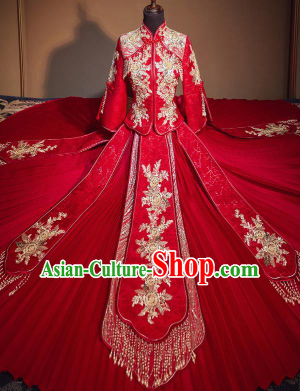 Chinese Traditional Wedding Xiu He Suit Embroidered Flowers Red Jacket and Dress Ancient Bride Costumes for Women