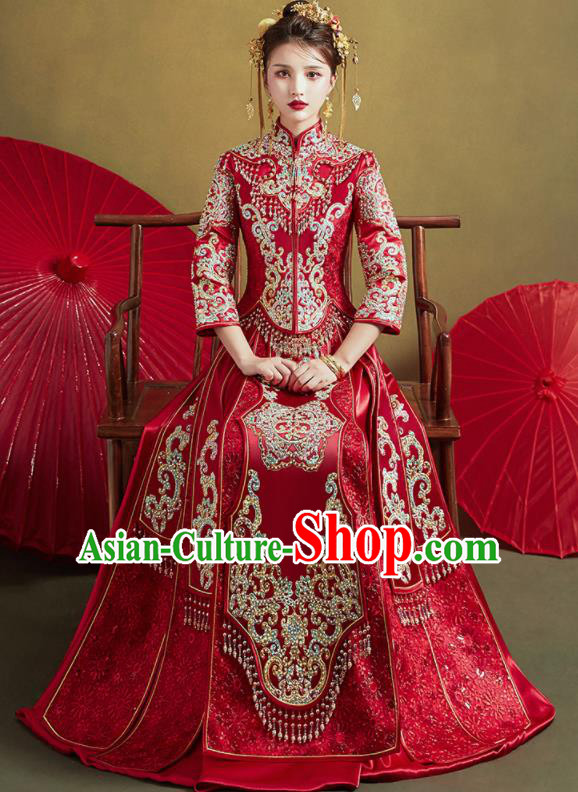 Chinese Traditional Wedding Xiu He Suit Embroidered Drilling Red Jacket and Dress Ancient Bride Costumes for Women