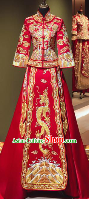 Chinese Traditional Wedding Xiu He Suit Embroidered Dragon Red Jacket and Dress Ancient Bride Costumes for Women