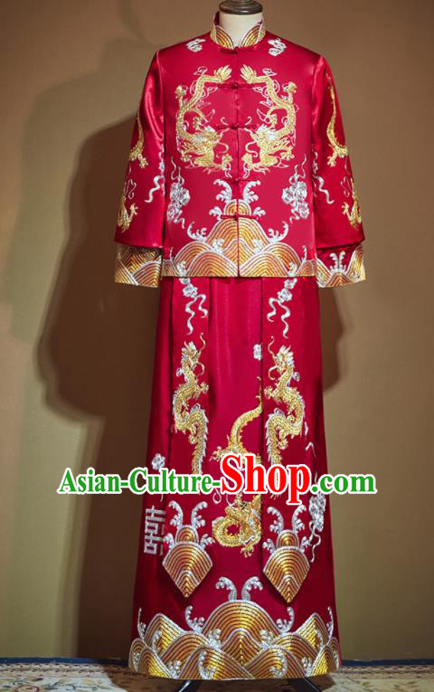 Chinese Ancient Bridegroom Embroidered Dragon Red Mandarin Jacket and Long Gown Traditional Wedding Tang Suit Costumes for Men