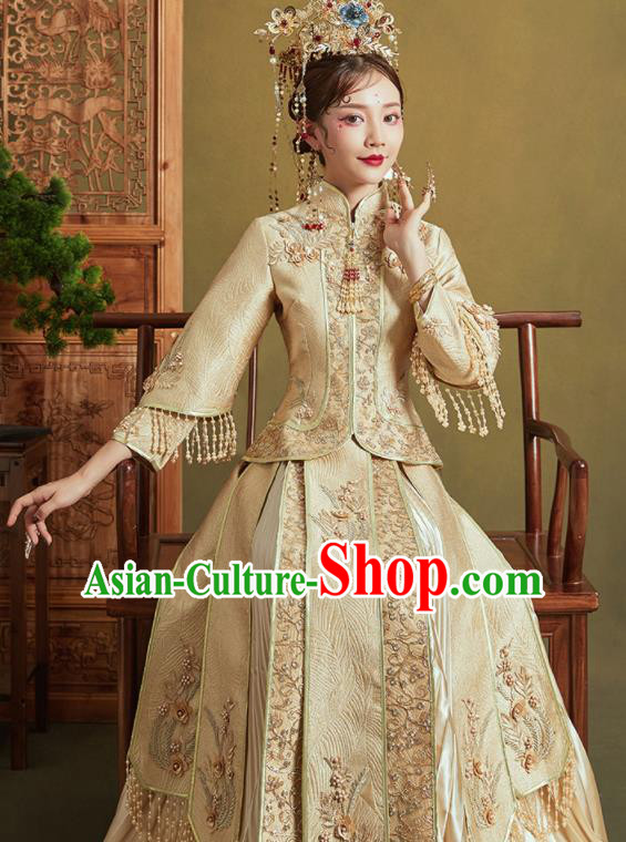 Chinese Traditional Wedding Xiu He Suit Embroidered Light Golden Jacket and Dress Ancient Bride Costumes for Women