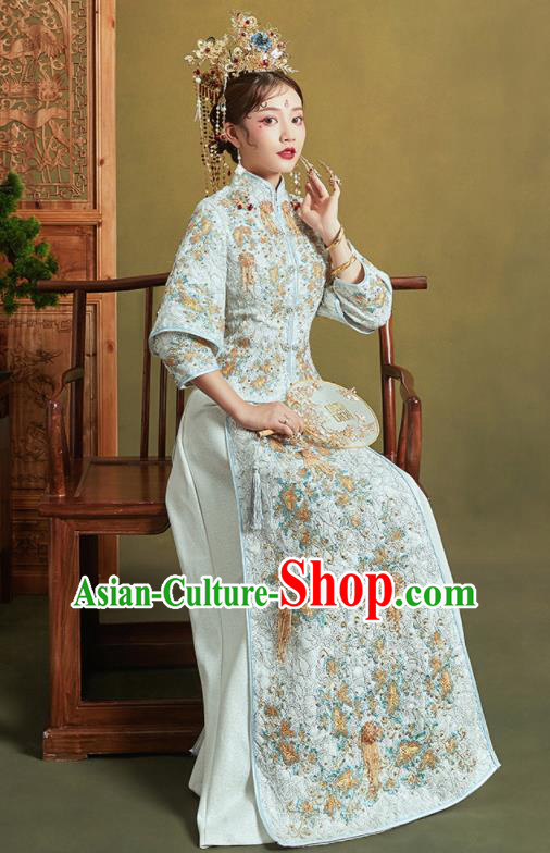 Chinese Traditional Wedding Xiu He Suit Embroidered Light Blue Jacket and Dress Ancient Bride Costumes for Women