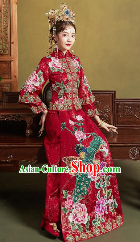 Chinese Traditional Wedding Xiu He Suit Embroidered Peacock Peony Red Blouse and Dress Ancient Bride Costumes for Women