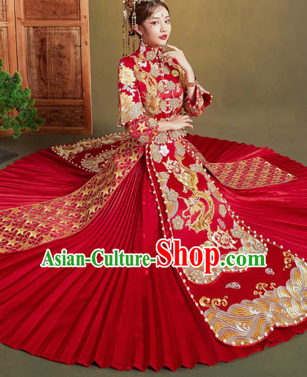 Chinese Traditional Wedding Xiu He Suit Embroidered Dragon Peony Red Blouse and Dress Ancient Bride Costumes for Women