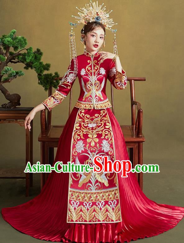 Chinese Traditional Wedding Xiu He Suit Embroidered Swan Peony Red Blouse and Dress Ancient Bride Costumes for Women