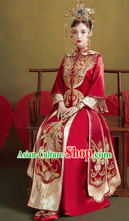 Chinese Traditional Wedding Embroidered Xiu He Suit Red Blouse and Dress Ancient Bride Costumes for Women