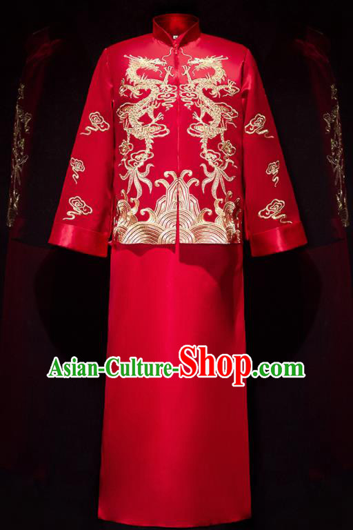 Chinese Ancient Bridegroom Embroidered Dragons Red Mandarin Jacket and Long Gown Traditional Wedding Tang Suit Costumes for Men