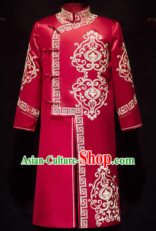 Chinese Ancient Bridegroom Embroidered Red Long Gown Traditional Wedding Tang Suit Costumes for Men