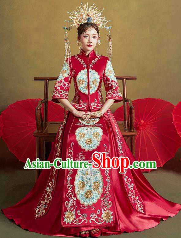 Chinese Traditional Wedding Embroidered Peony Xiu He Suit Red Blouse and Dress Ancient Bride Costumes for Women