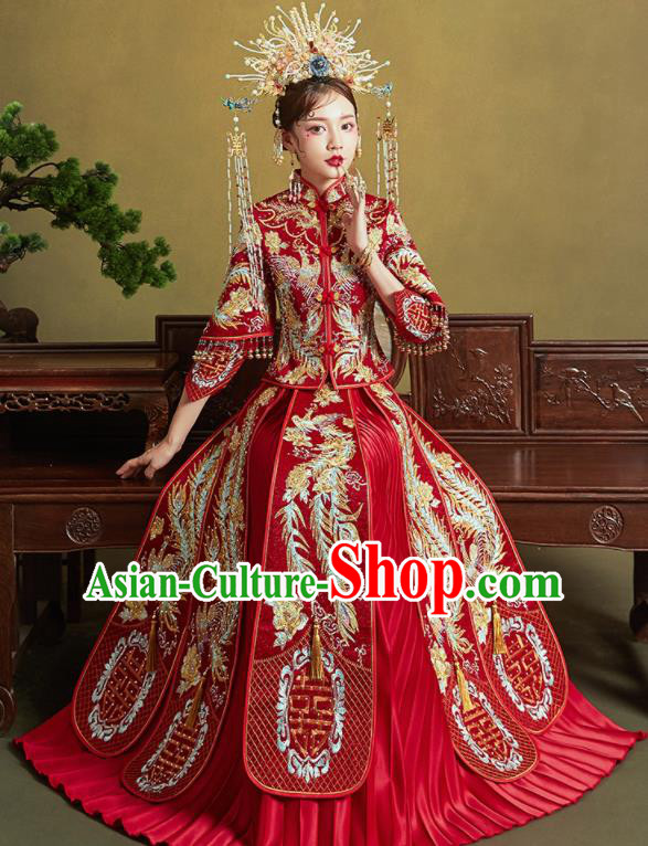 Chinese Traditional Wedding Embroidered Phoenix Drilling Xiu He Suit Red Blouse and Dress Ancient Bride Costumes for Women