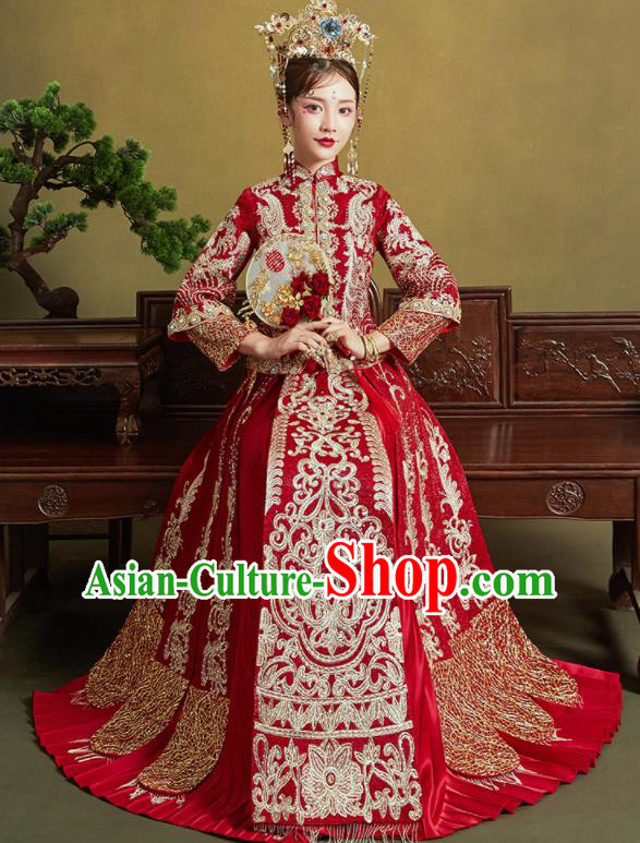 Chinese Traditional Wedding Drilling Xiu He Suit Embroidered Red Blouse and Dress Ancient Bride Costumes for Women