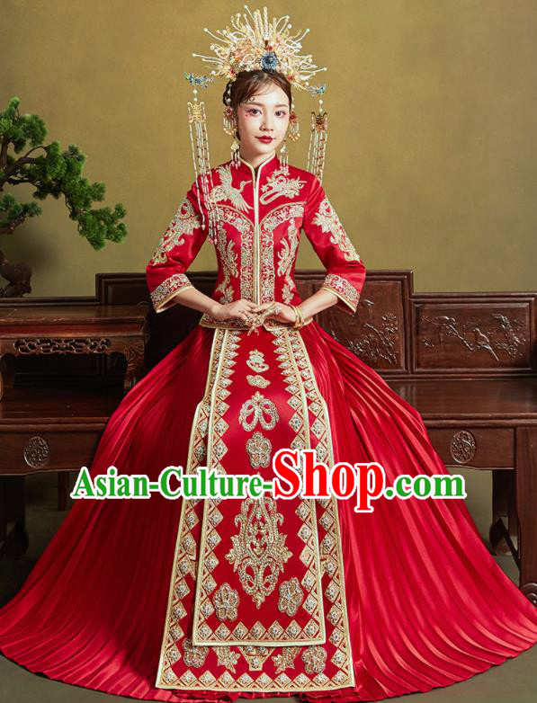 Chinese Traditional Wedding Embroidered Xiu He Suit Red Blouse and Dress Ancient Bride Costumes for Women