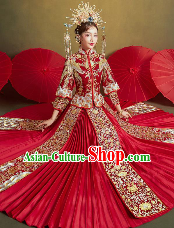 Chinese Traditional Wedding Embroidered Phoenix Lotus Xiu He Suit Red Blouse and Dress Ancient Bride Costumes for Women