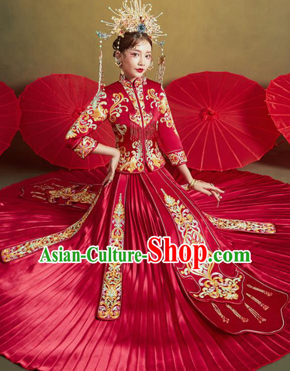 Chinese Traditional Wedding Embroidered Tassel Xiu He Suit Red Blouse and Dress Ancient Bride Costumes for Women