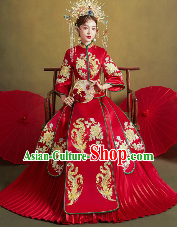 Chinese Traditional Embroidered Phoenix Peony Wedding Xiu He Suit Red Blouse and Dress Ancient Bride Costumes for Women