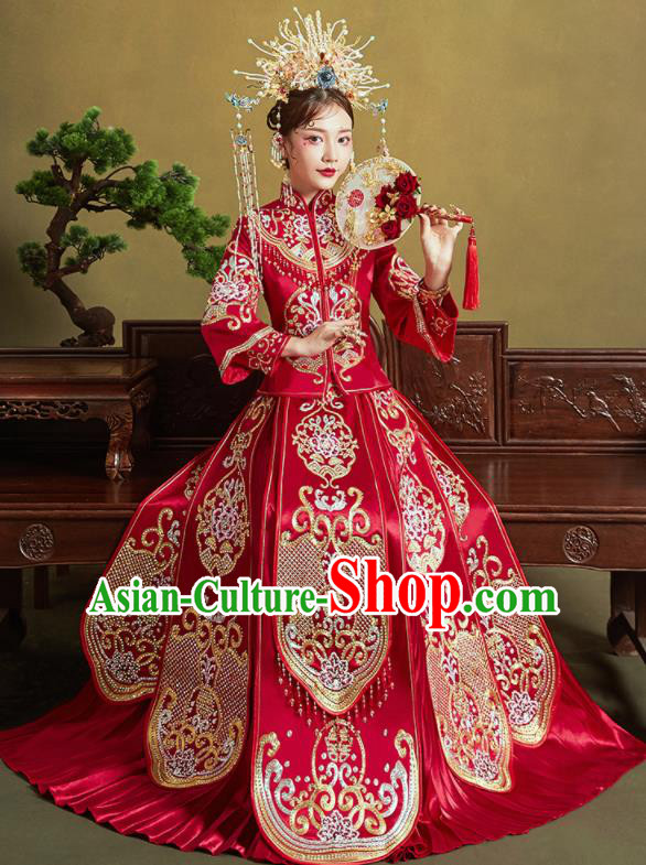 Chinese Traditional Embroidered Peony Wedding Xiu He Suit Red Blouse and Dress Ancient Bride Costumes for Women