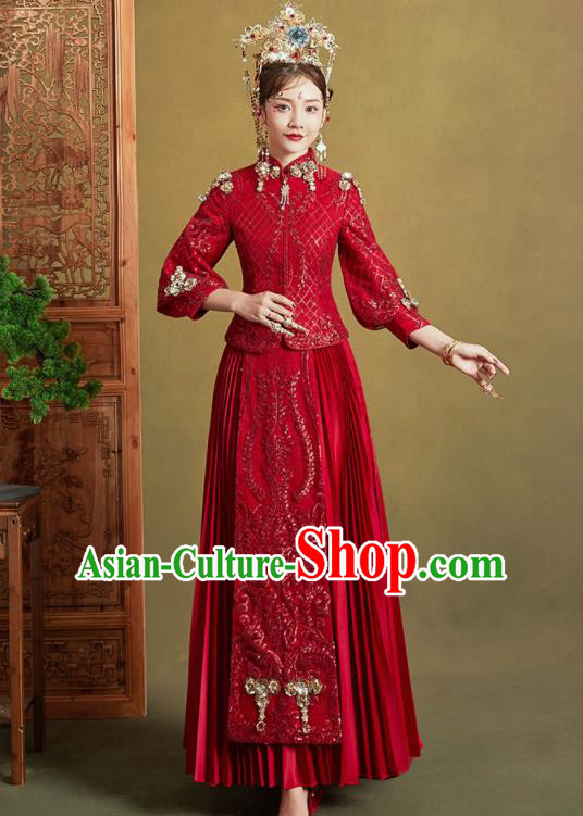 Chinese Traditional Embroidered Wedding Trailing Xiu He Suit Red Blouse and Dress Ancient Bride Costumes for Women