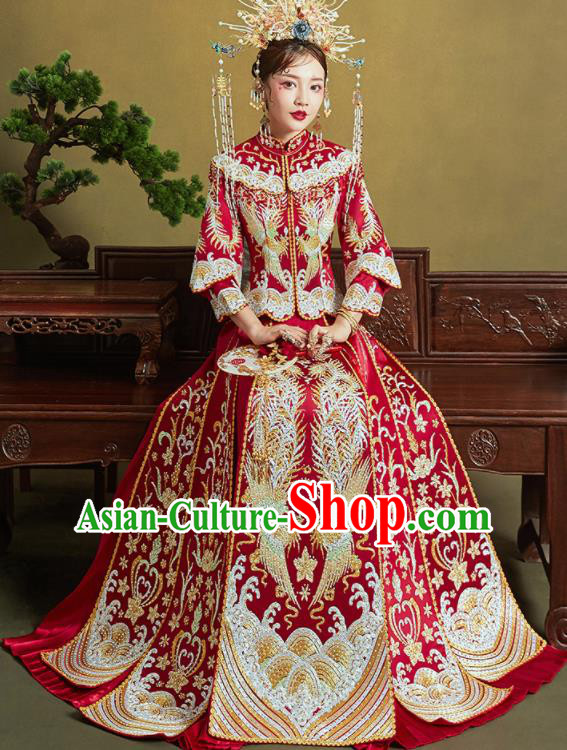 Chinese Traditional Embroidered Phoenix Wedding Xiu He Suit Red Blouse and Dress Ancient Bride Costumes for Women