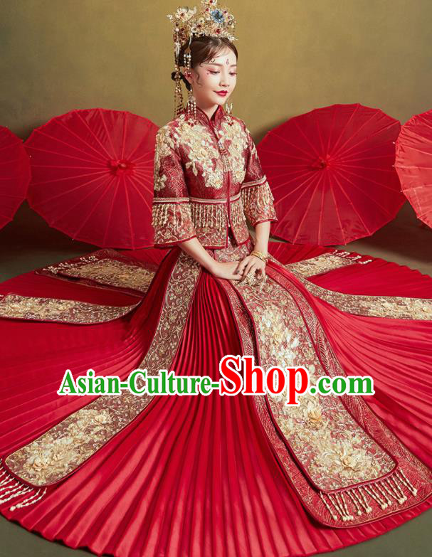 Chinese Traditional Wedding Drilling Xiu He Suit Embroidered Flowers Wine Red Blouse and Dress Ancient Bride Costumes for Women