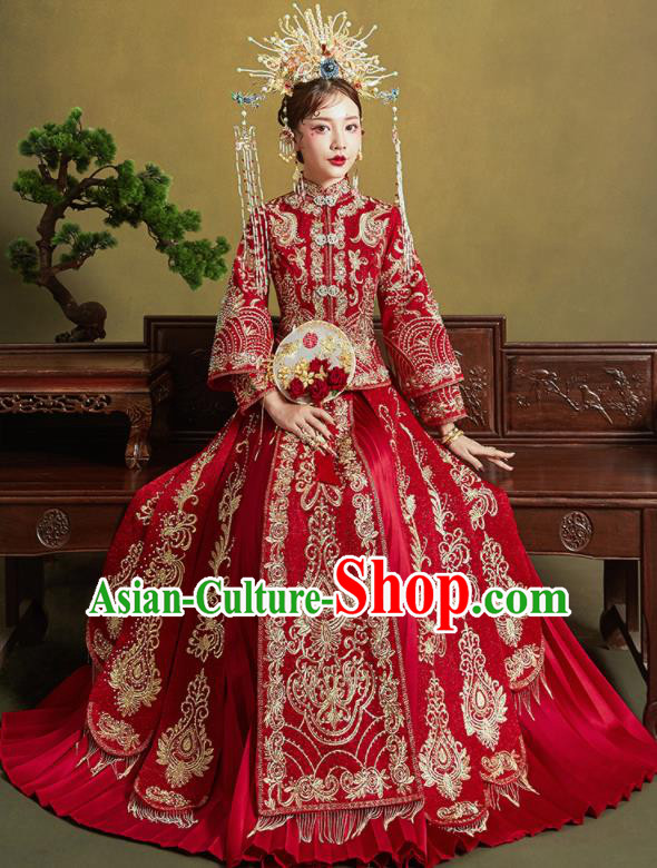 Chinese Traditional Embroidered Wedding Drilling Xiu He Suit Red Blouse and Dress Ancient Bride Costumes for Women