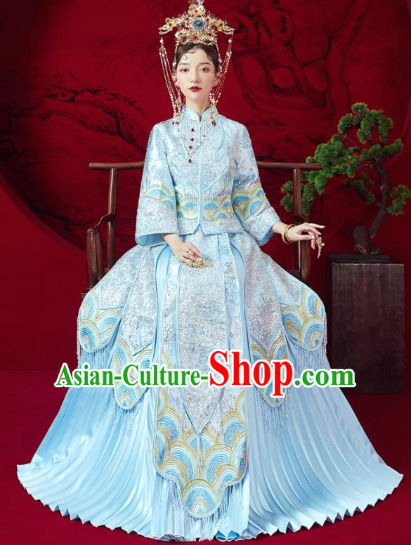 Chinese Traditional Embroidered Wedding Blue Xiu He Suit Blouse and Dress Ancient Bride Costumes for Women