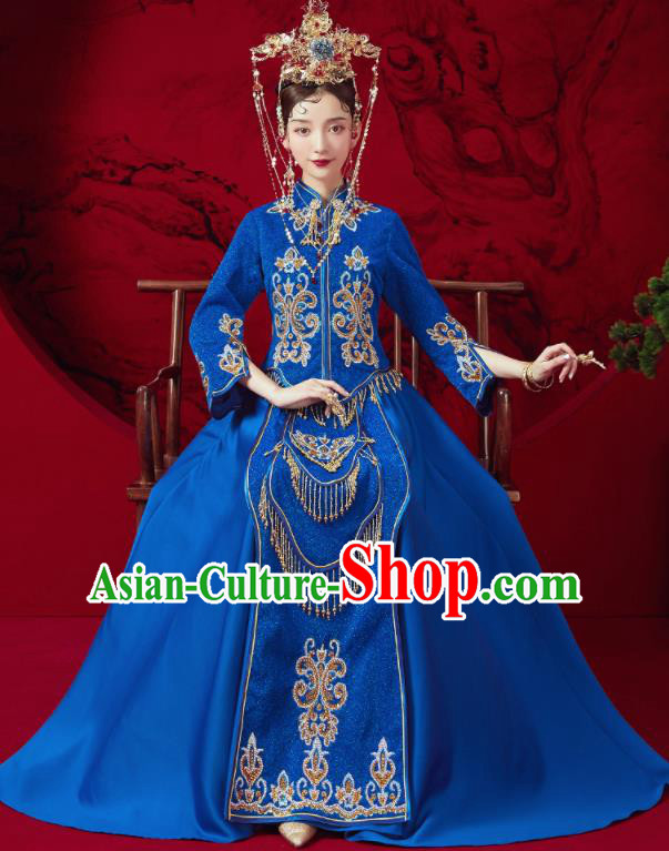 Chinese Traditional Embroidered Wedding Royalblue Xiu He Suit Blouse and Dress Ancient Bride Costumes for Women