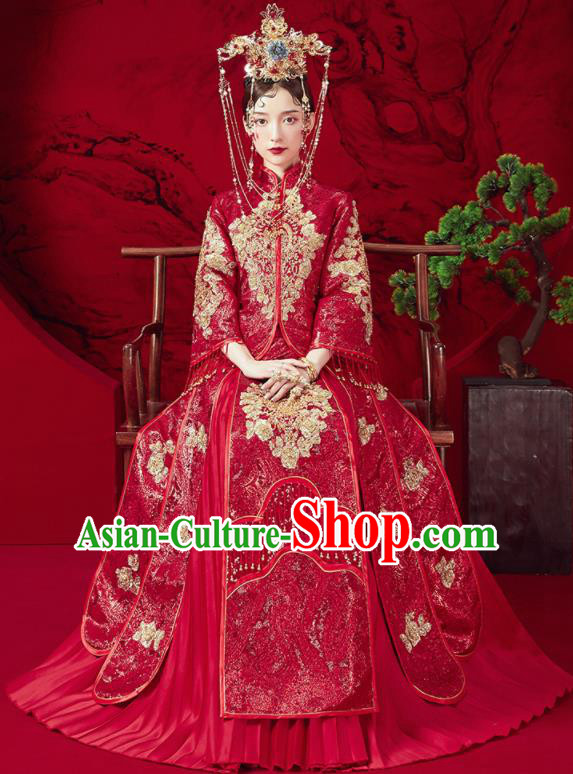 Chinese Traditional Embroidered Wedding Red Xiu He Suit Blouse and Dress Ancient Bride Costumes for Women