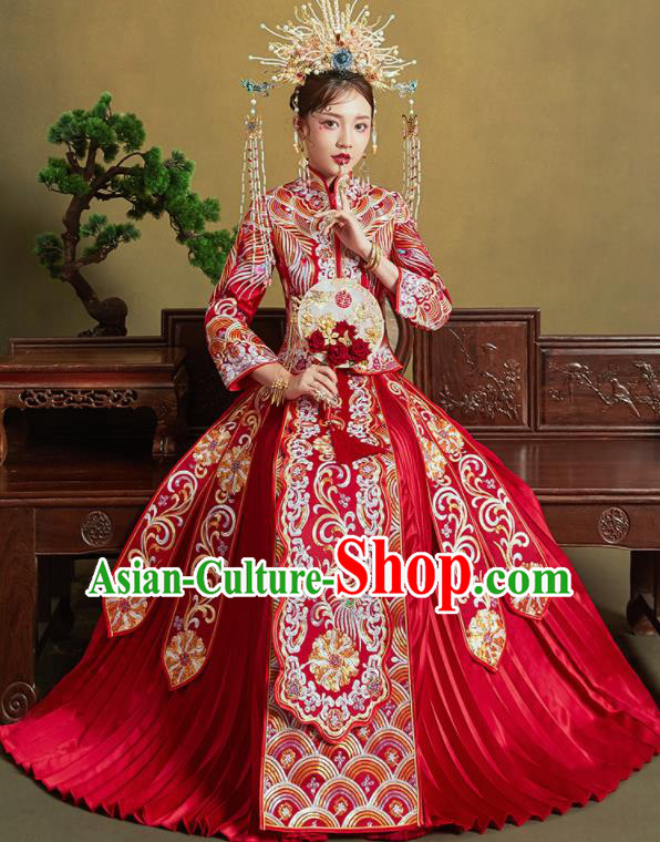 Chinese Traditional Wedding Xiu He Suit Embroidered Peony Red Blouse and Dress Ancient Bride Costumes for Women