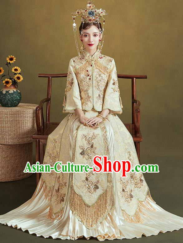 Chinese Traditional Embroidered Wedding Light Golden Xiu He Suit Blouse and Dress Ancient Bride Costumes for Women