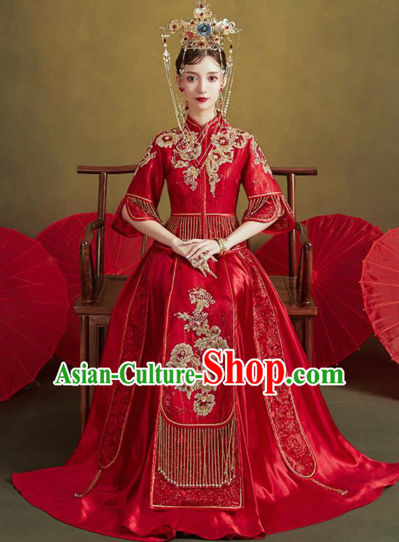 Chinese Traditional Embroidered Wedding Red Xiu He Suit Blouse and Tassel Dress Ancient Bride Costumes for Women