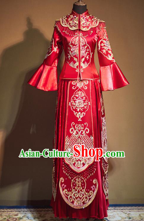 Chinese Traditional Embroidered Peony Wedding Xiu He Suit Red Blouse and Tassel Dress Ancient Bride Costumes for Women