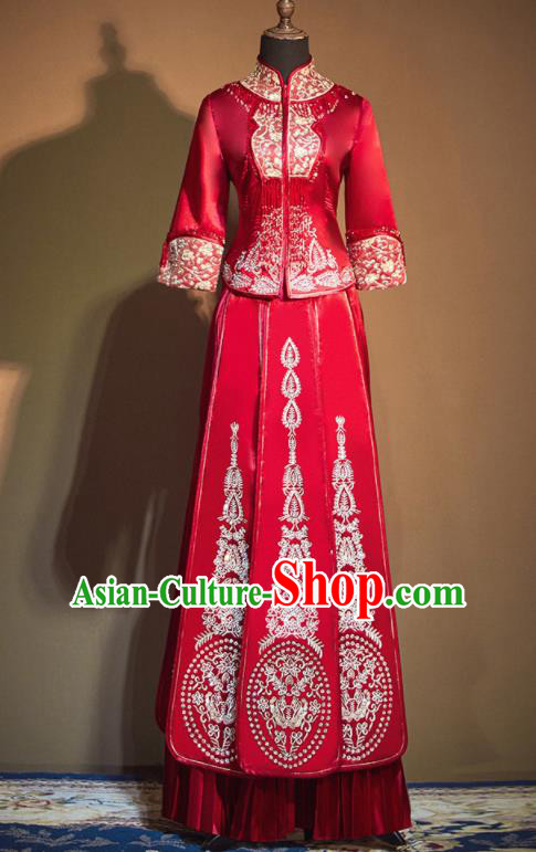 Chinese Traditional Embroidered Wedding Xiu He Suit Red Blouse and Dress Ancient Bride Costumes for Women