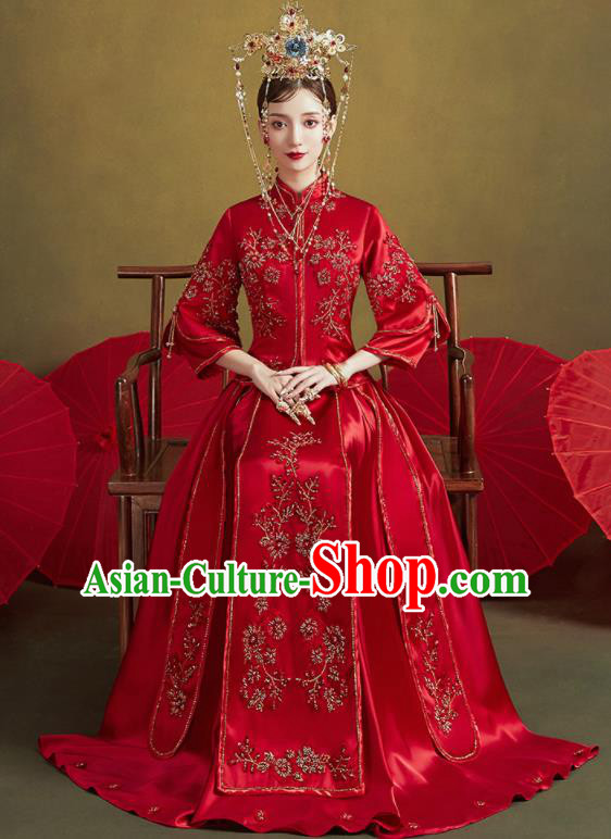 Chinese Traditional Embroidered Plum Wedding Xiu He Suit Blouse and Dress Ancient Bride Costumes for Women