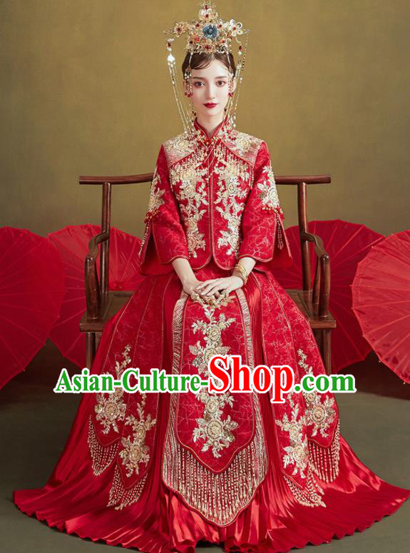 Chinese Traditional Embroidered Golden Flowers Wedding Xiu He Suit Blouse and Dress Ancient Bride Costumes for Women