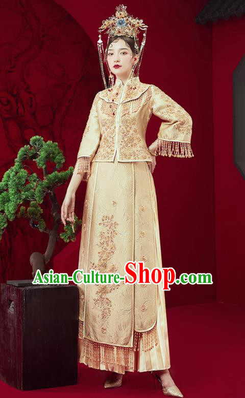 Chinese Traditional Embroidered Golden Wedding Xiu He Suit Blouse and Dress Ancient Bride Costumes for Women