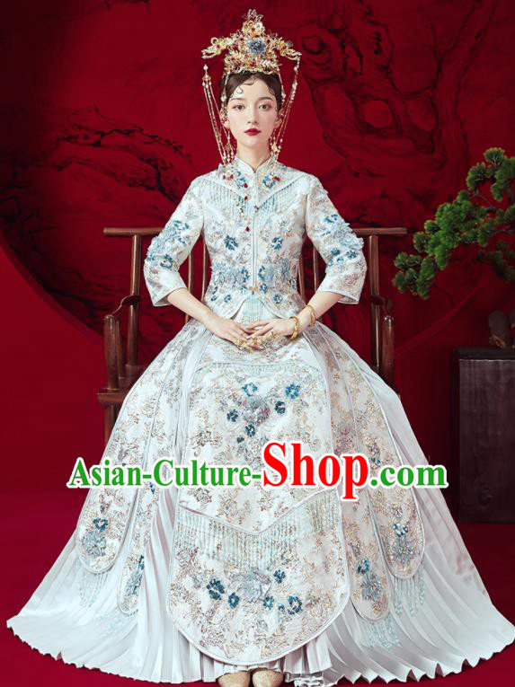 Chinese Traditional Embroidered Wedding Xiu He Suit White Blouse and Dress Ancient Bride Costumes for Women