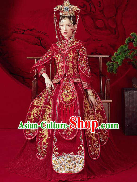 Chinese Traditional Embroidered Dragon Wedding Xiu He Suit Red Blouse and Dress Ancient Bride Costumes for Women