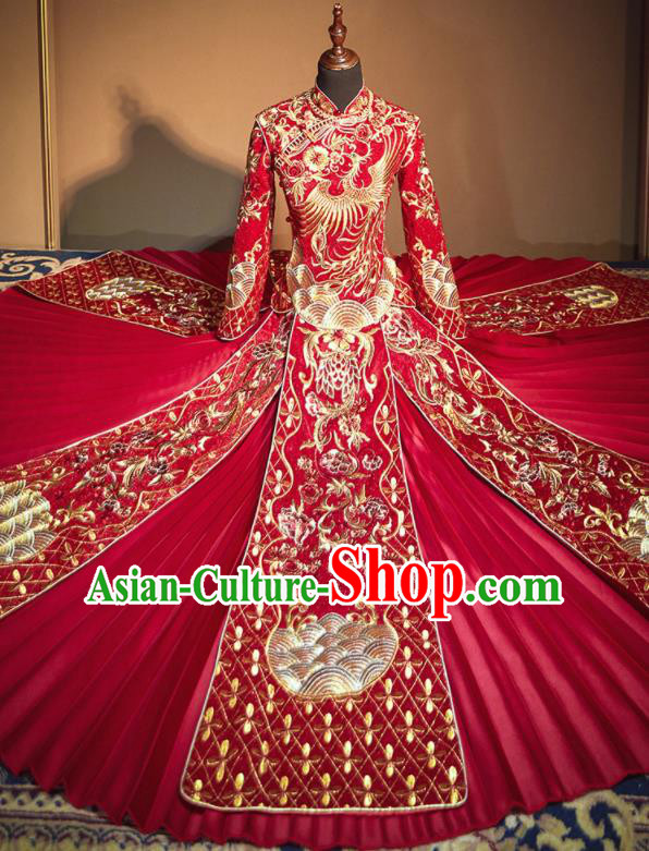 Chinese Traditional Embroidered Phoenix Peony Wedding Xiu He Suit Red Blouse and Dress Ancient Bride Costumes for Women