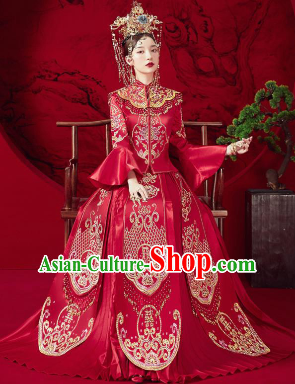 Chinese Traditional Embroidered Wedding Red Xiu He Suit Blouse and Dress Ancient Bride Costumes for Women